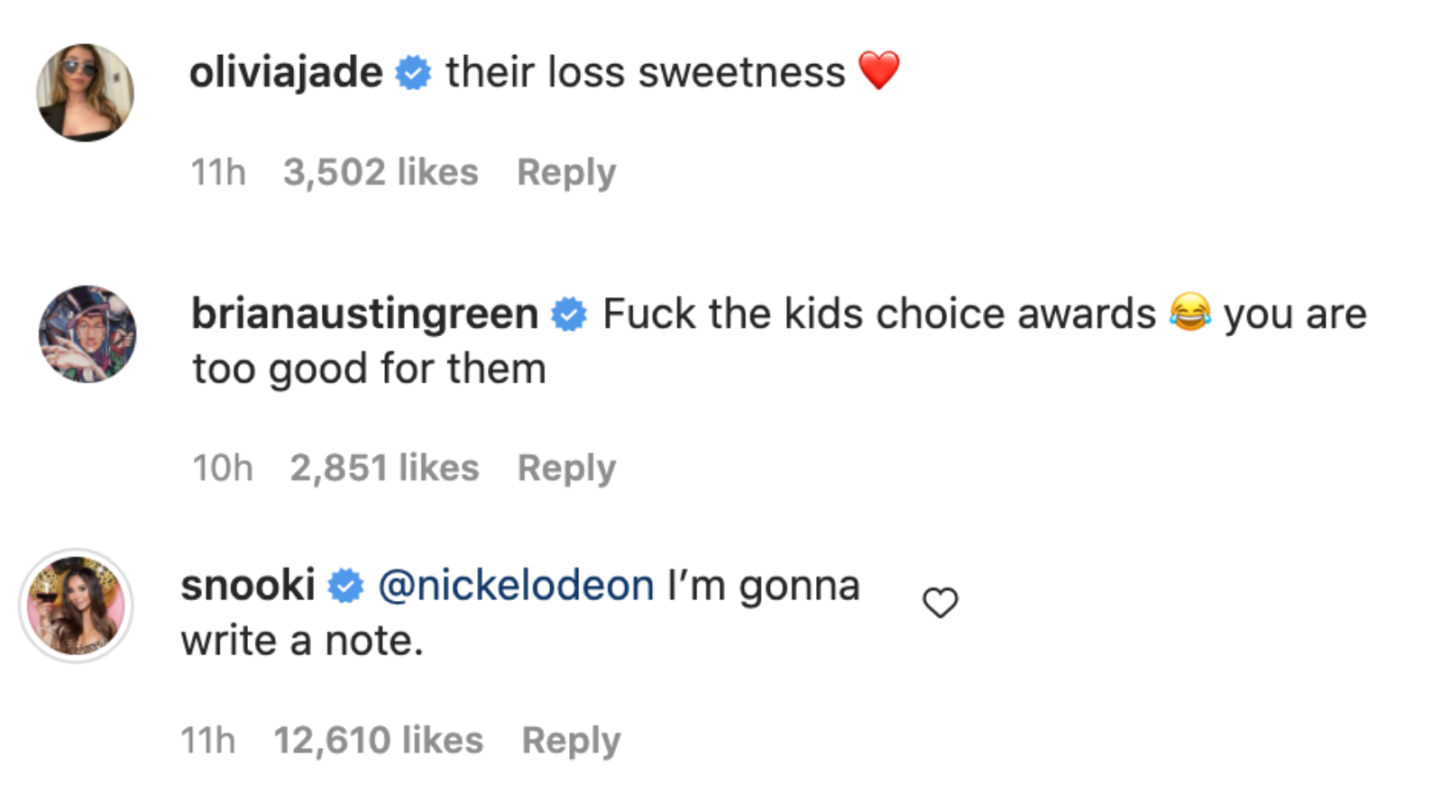 Olivia Jade said it was Nicklodeon&#x27;s loss, Brian Austin Green commented fuck the kids choice awards, and Snooki said she was gonne write a note