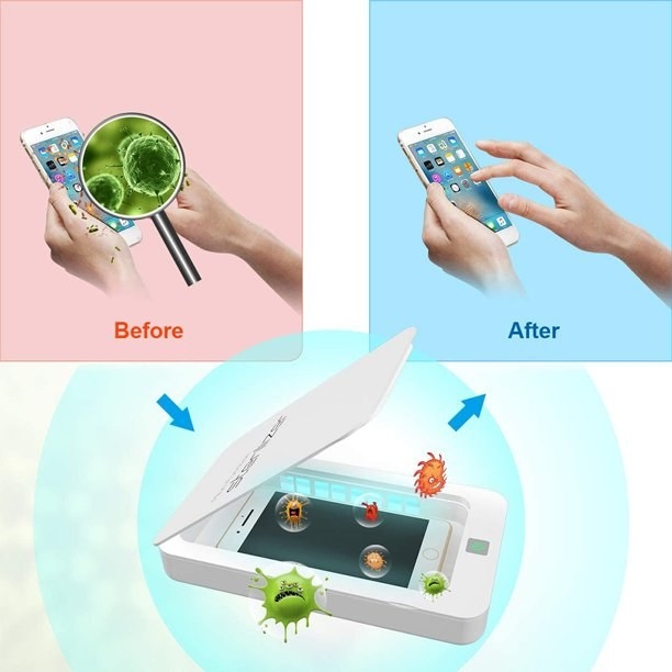 Before showing microscope image of germs on smartphone then phone is placed in case with cartoon germs shown leaving phone, then after photo shows someone using the now clean smartphone