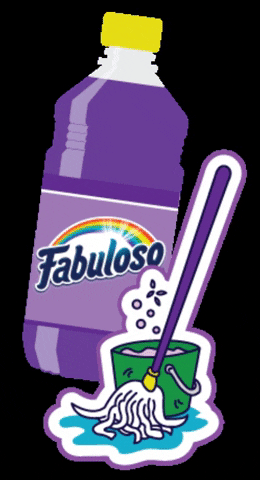 A huge purple bottle of fabuloso next to a bucket of water and a wet mop
