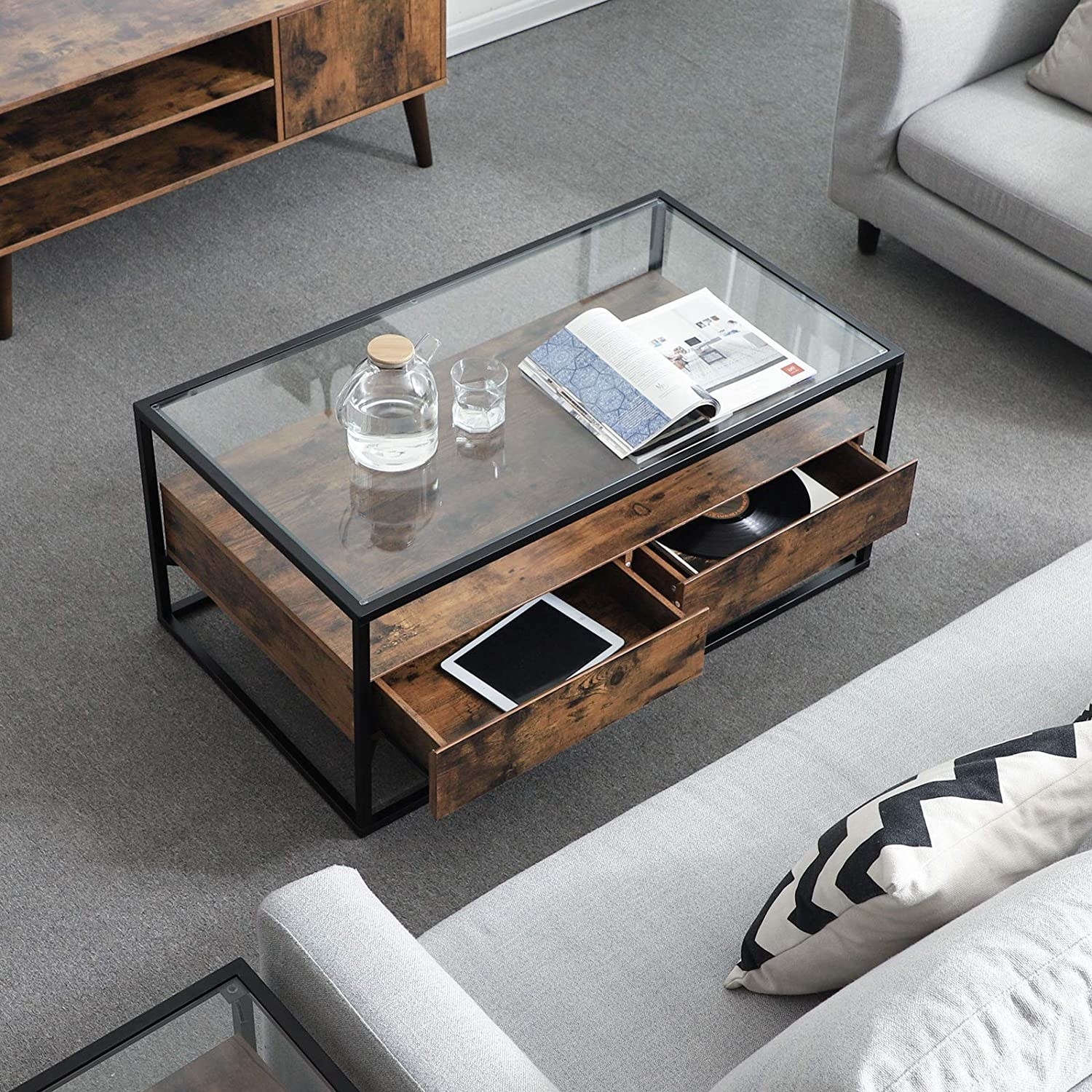 The coffee table in a living room