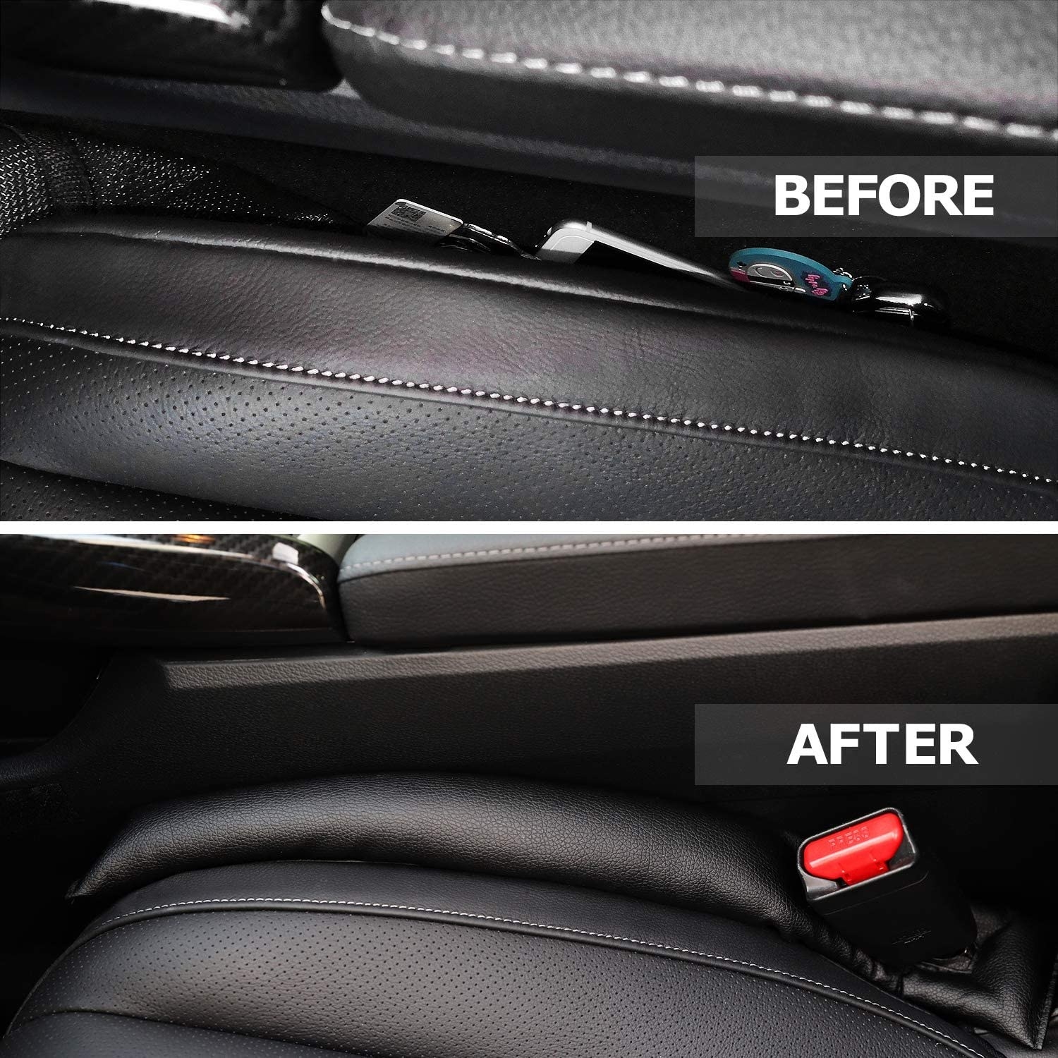 a before and after of the gap fillers in a car