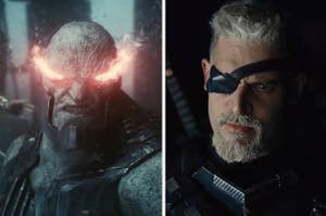 Darkseid standing in front of an impaled Aquaman in "Zack Snyder's Justice League"/Deathstroke without his mask in "Zack Snyder's Justice League"