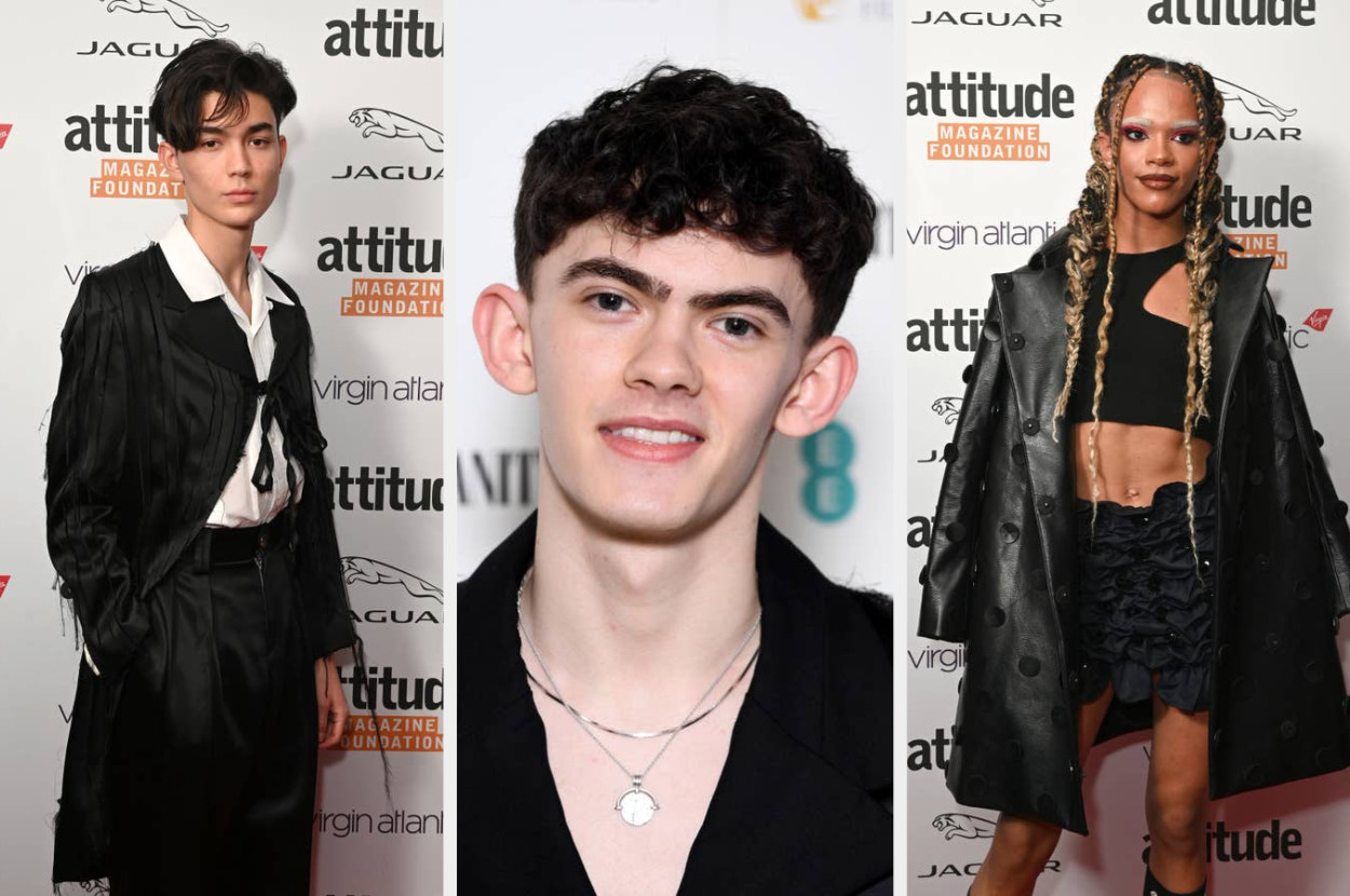 William Gao, Joe Locke, and Yasmin Finney each pose for an individual photo as they arrive at The Virgin Atlantic Attitude Awards 2021