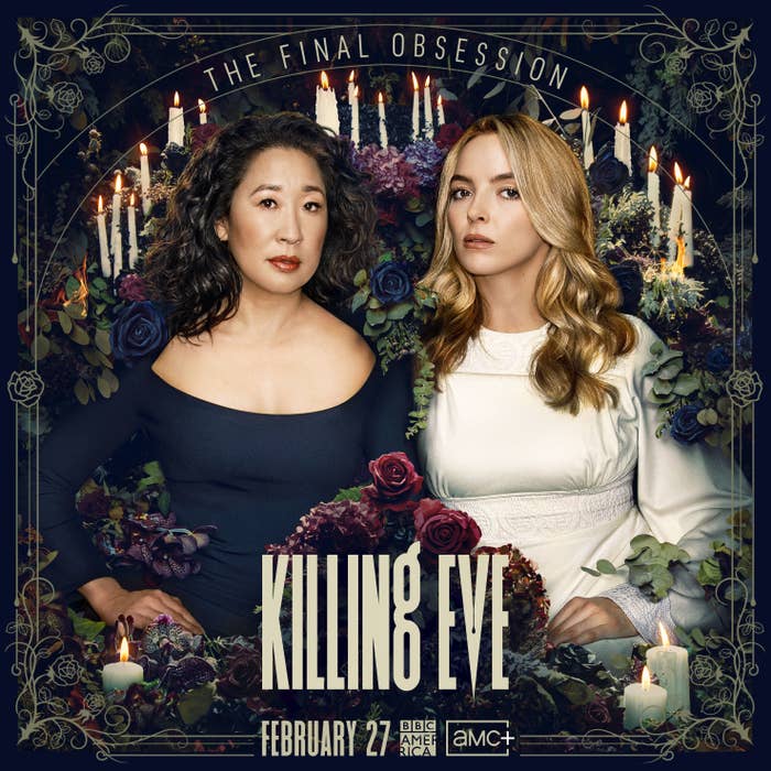 A Killing Eve promo poster featuring Sandra Oh on the left and Jodie Cormer on the right surrounded by flora, fauna, and candles