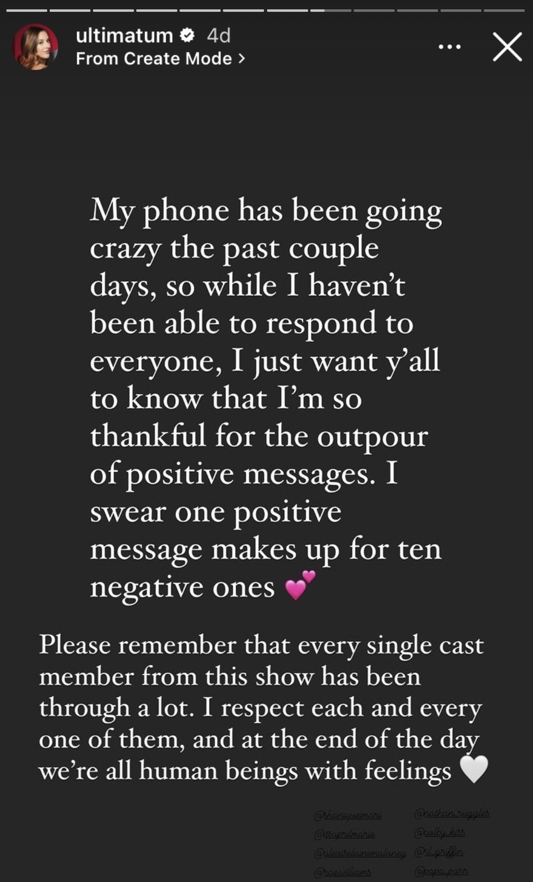 Lauren posts a message thanking fans for their support to Instagram Stories and tags fellow participants from &quot;The Ultimatum&quot;