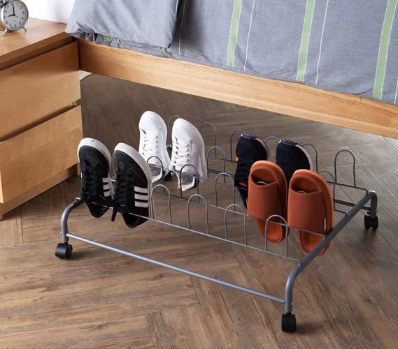 A 12-pair wire shoe holder on wheels