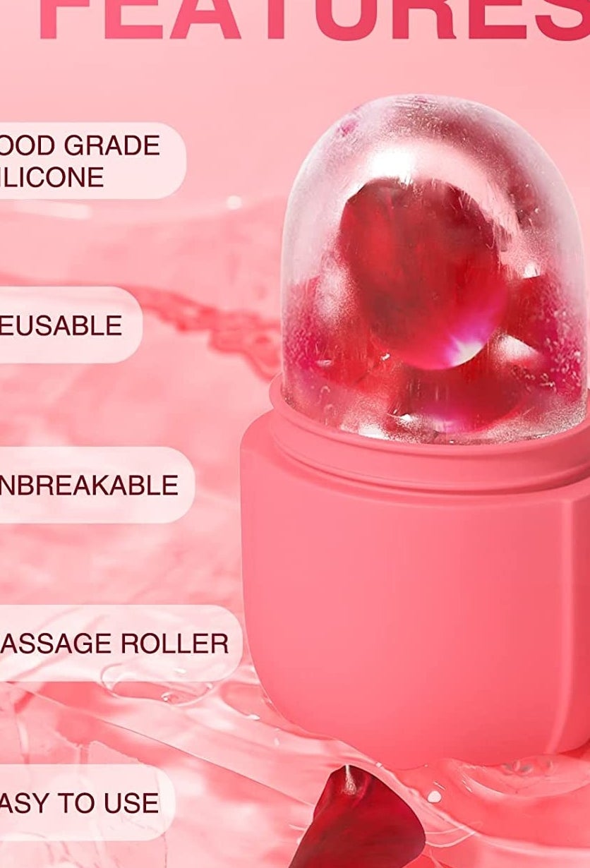 The ice roller with rose petals in the ice and the lid to the side