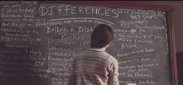 Jenny writes lots of differences on a chalkboard meanwhile the similarities chalkboard is completely bare