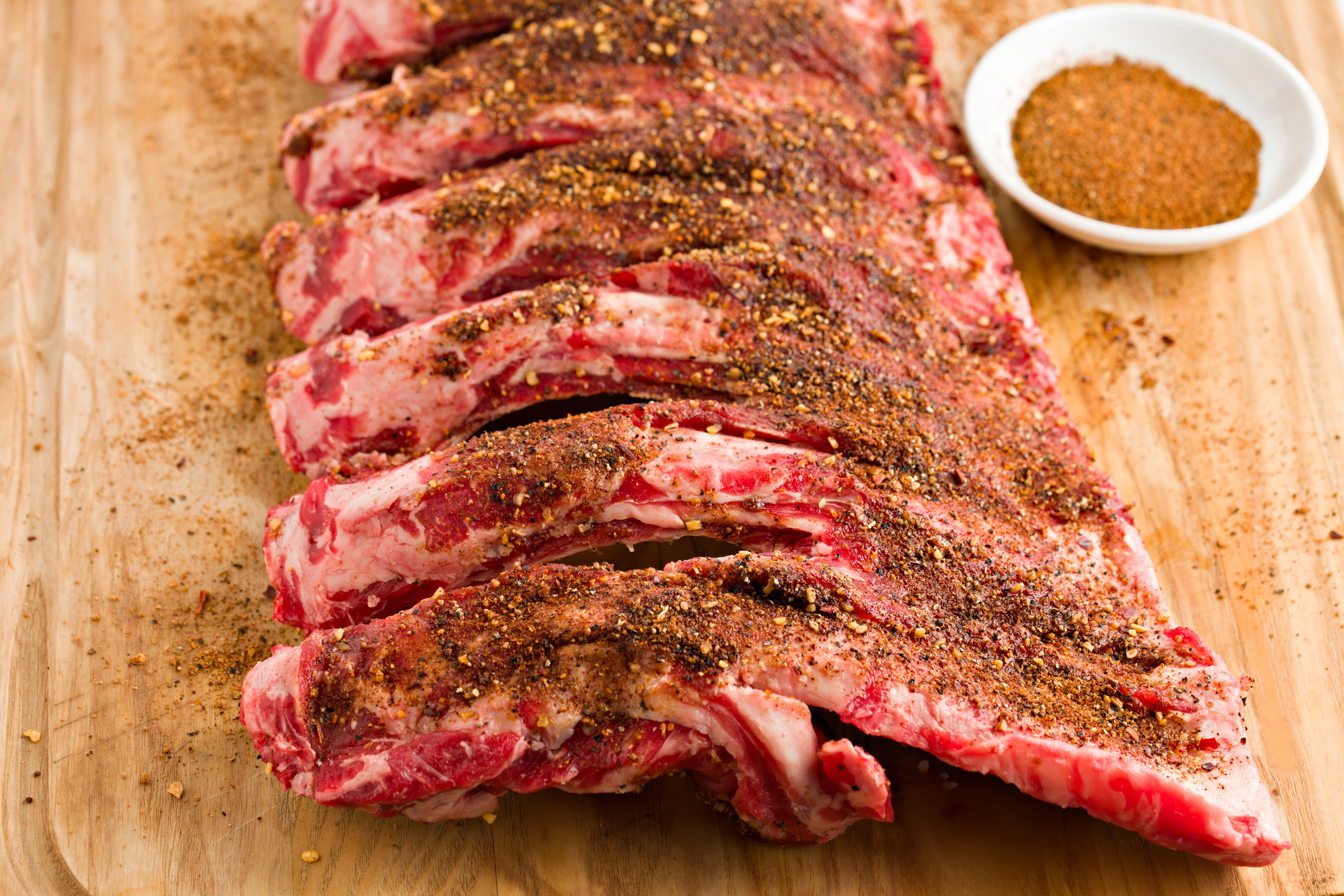 A slab of ribs with a dry rub
