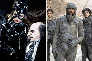 on the left catwoman and the penguin in batman returns, on the right javier bardem, tomotheee chalamet, and zendaya in dune