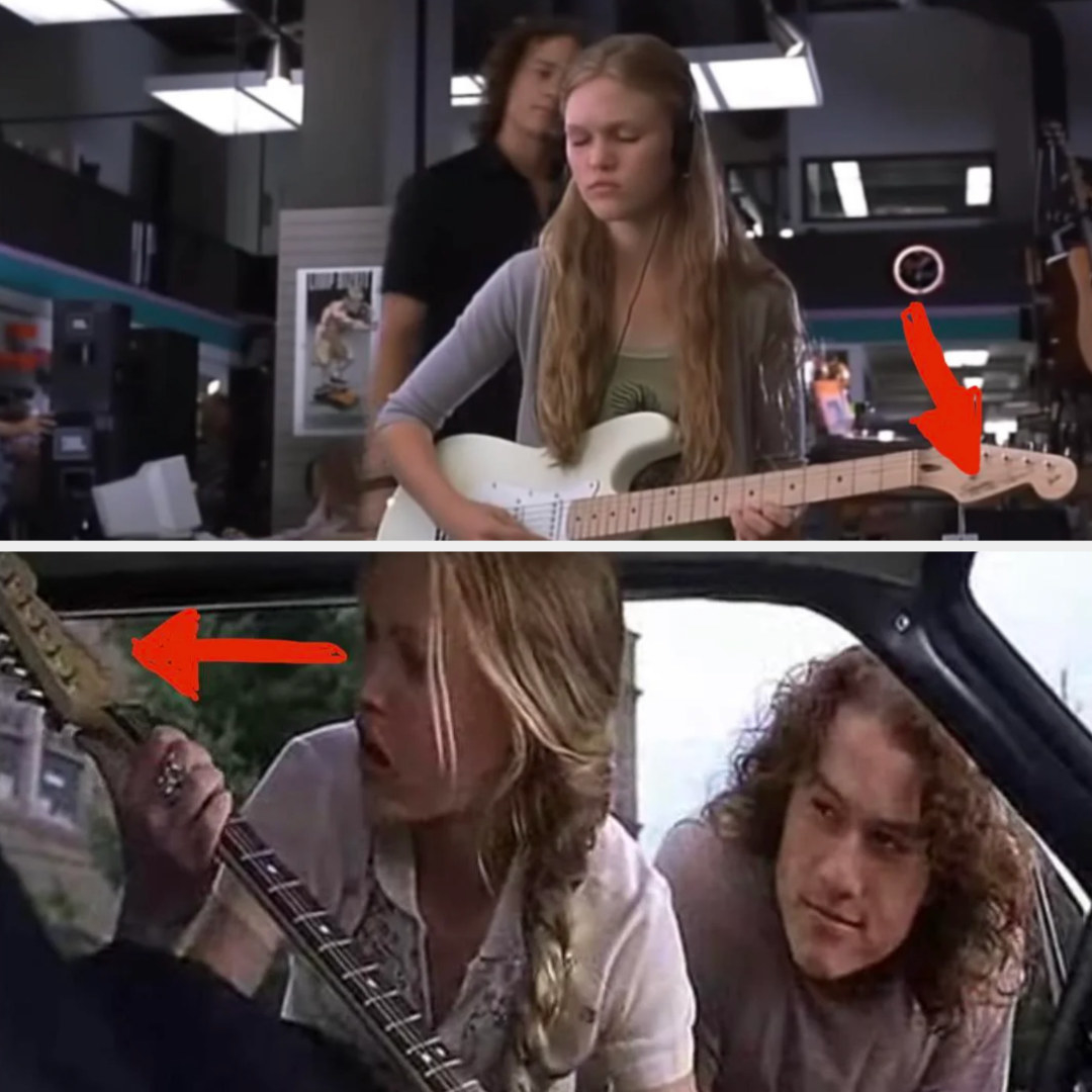 Kat playing a guitar in a music store; Kat receiving that same guitar as a gift from Patrick