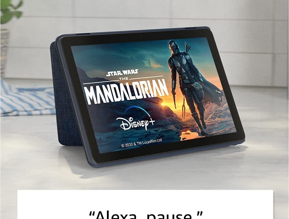 black fire hd tablet with star wars the mandalorian on the screen