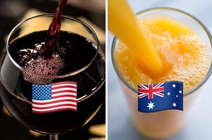 Wine is on the left being poured, marked with an American flag with orange juice on the right labeled, Australian