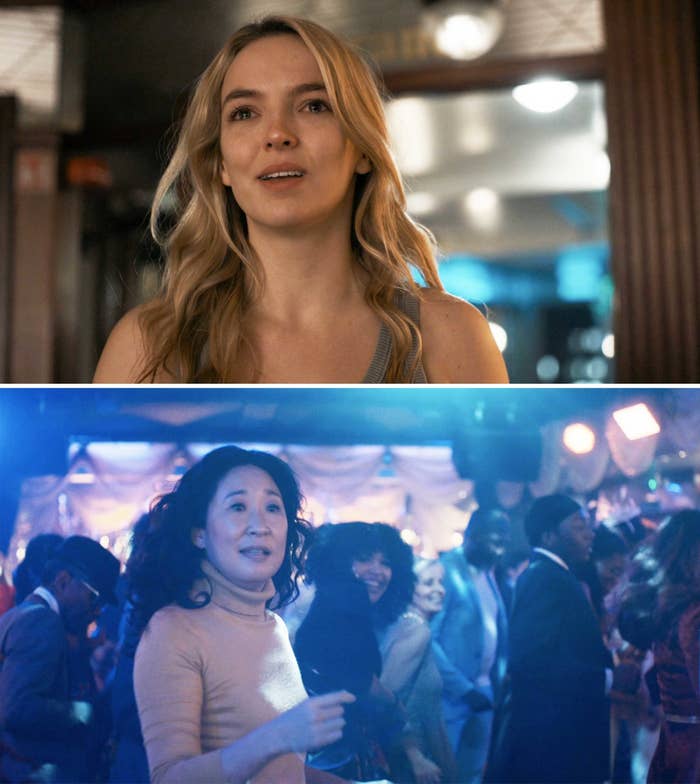 Top: Jodie Comer smiling indoors. Bottom: Sandra Oh dancing joyfully in a crowd at a festive event
