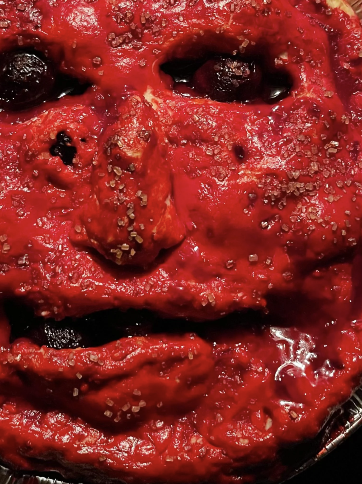 Close-up of the scary cherry pie face