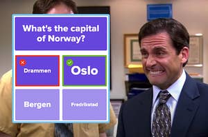 Michael from The Office biting his lip and raising his eyebrows next to a screenshot of the question what's the capital of Norway
