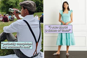 to the left: a man in suspenders, to the right: a model in a light blue nap dress