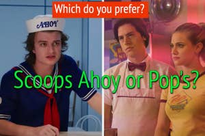 "Which do you prefer?" and "Scoops Ahoy or Pop's?" is written above Steve from "Stranger Things" and Betty and Jughead on the right