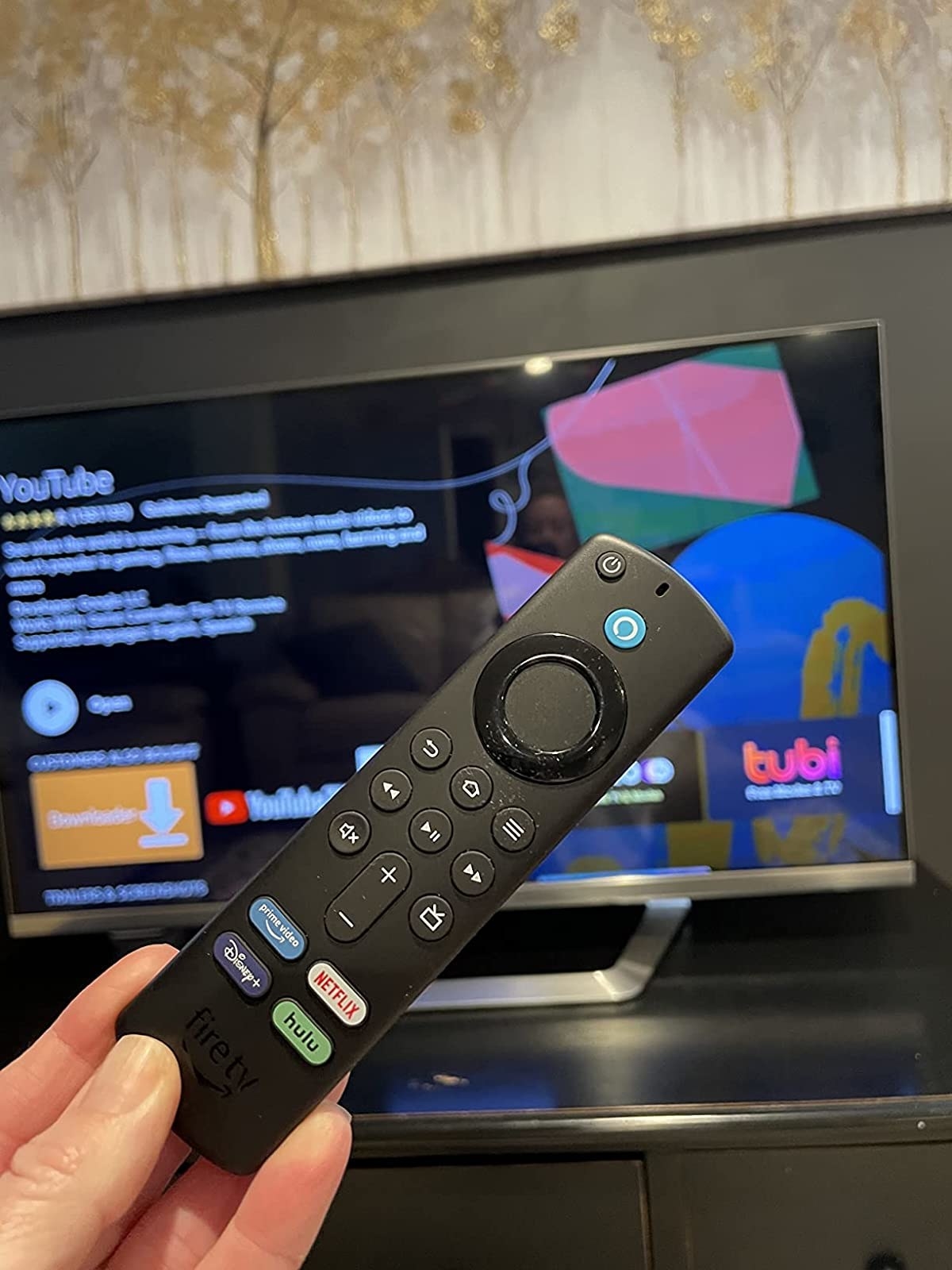Reviewer holding remote in front of TV