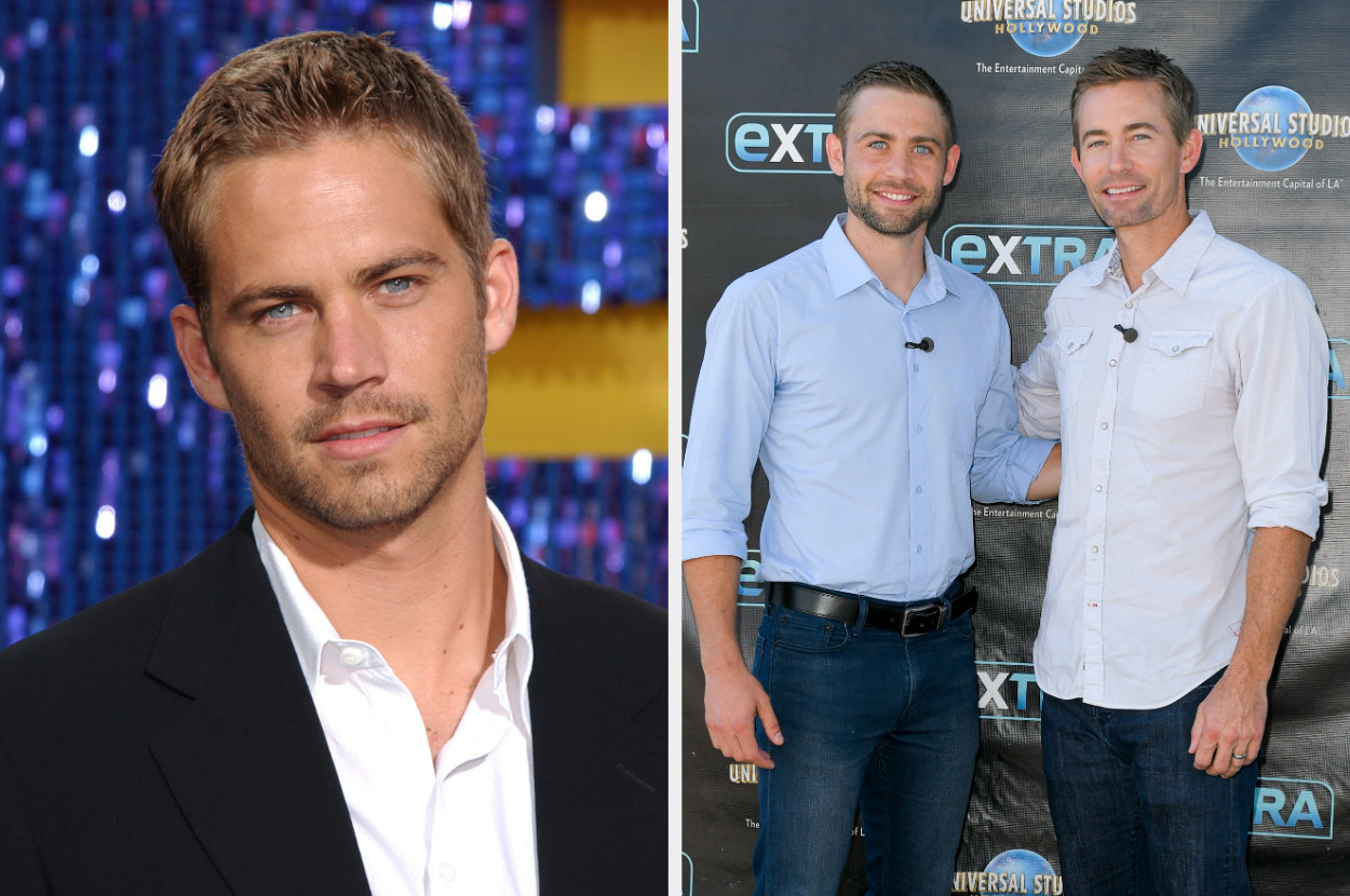 close up of Paul Walker and a photo of his brothers posing on the red carpet
