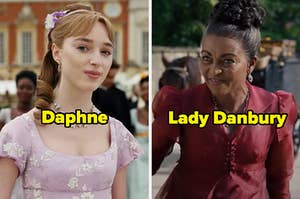 On the left, Daphne from Bridgerton, and on the right, Lady Danbury from Bridgerton