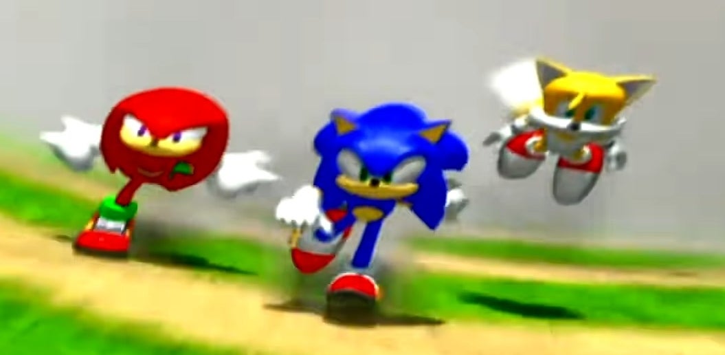 Sonic, Tails, and Knuckles together in the intro sequence to &quot;Sonic Heroes&quot;