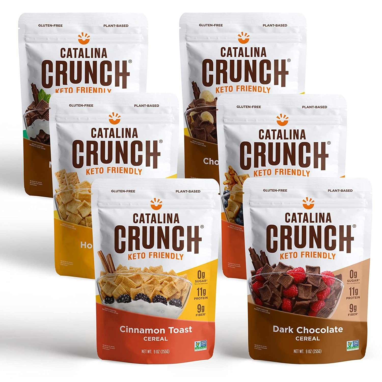 six 10 inch tall bags that say catalina crunch and have different cereals on them: one has mini cinnamon toasts, one has dark chocolate chunks, and the other bags have flavors hidden