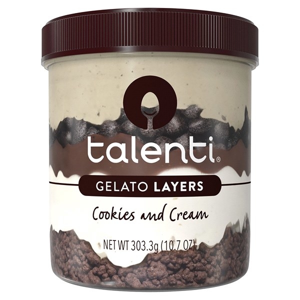 a pint of gelato that says &quot;talenti gelato layers: cookies and cream&quot;