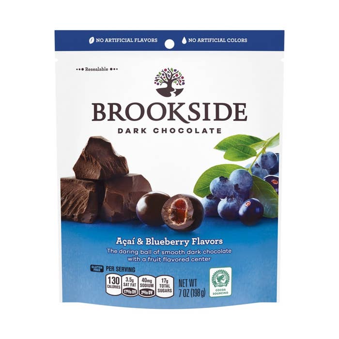 10 inch tall plastic bag that has chocolate-covered blueberries on it
