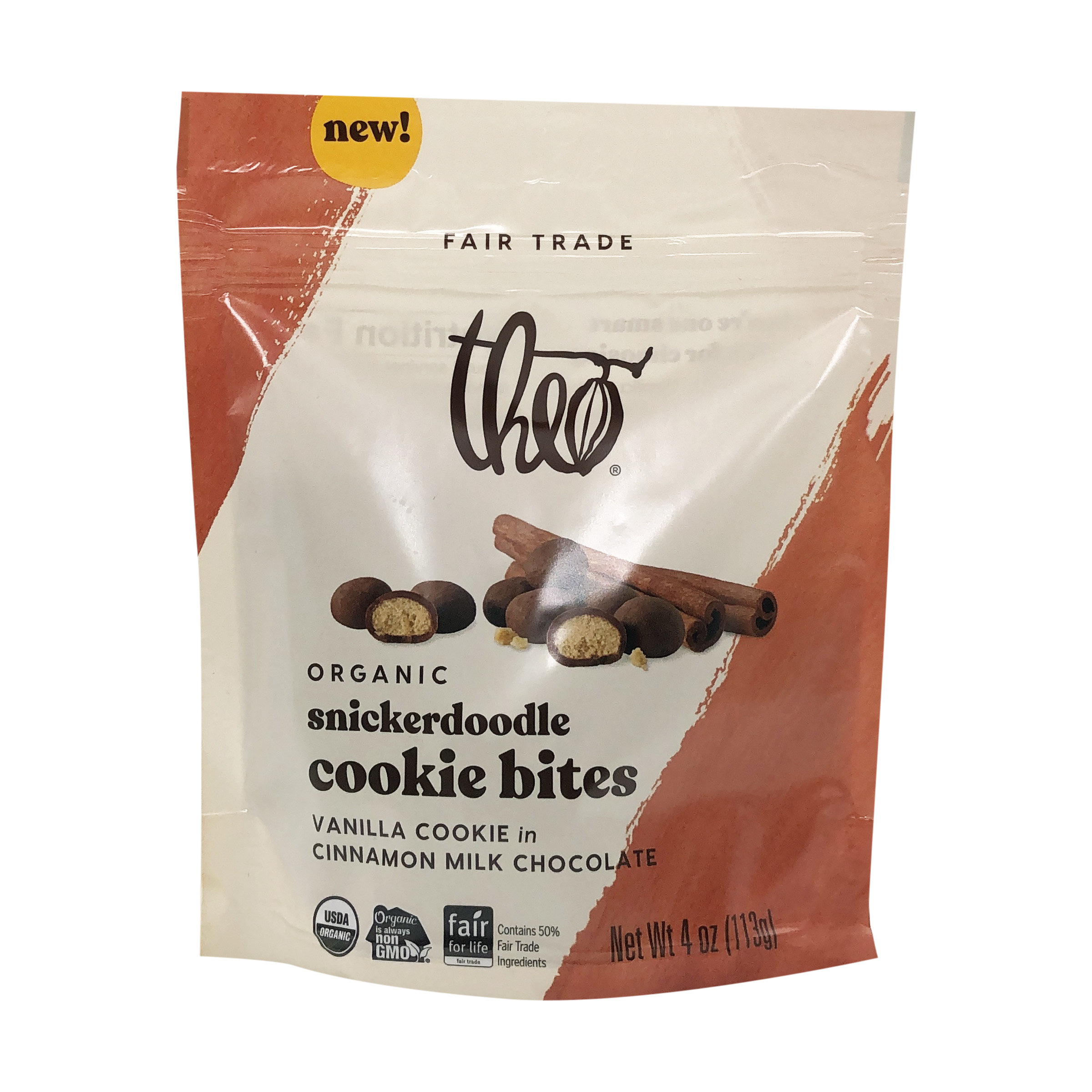 an eight inch tall plastic bag with a resealable zipper that says &quot;theo organic snickerdoodle chocolate cookie bites&quot; with pictures of m&amp;m-sized chocolate covered cookies