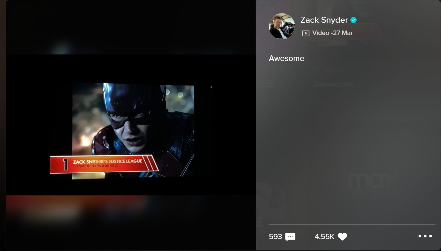 A post by Zack Snyder on social media platform Vero saying &quot;Awesome&quot; accompanied by a video showcasing his cut of Justice League winning the Oscar for Best Cheer Worthy Moment.