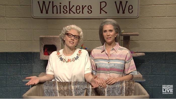 Kate McKinnon and Kristen Wiig stand side by side in front of a cat carrier