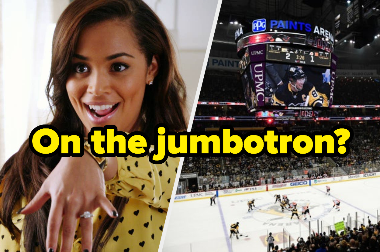 Someone who just got engaged and a jumbotron at a hockey game