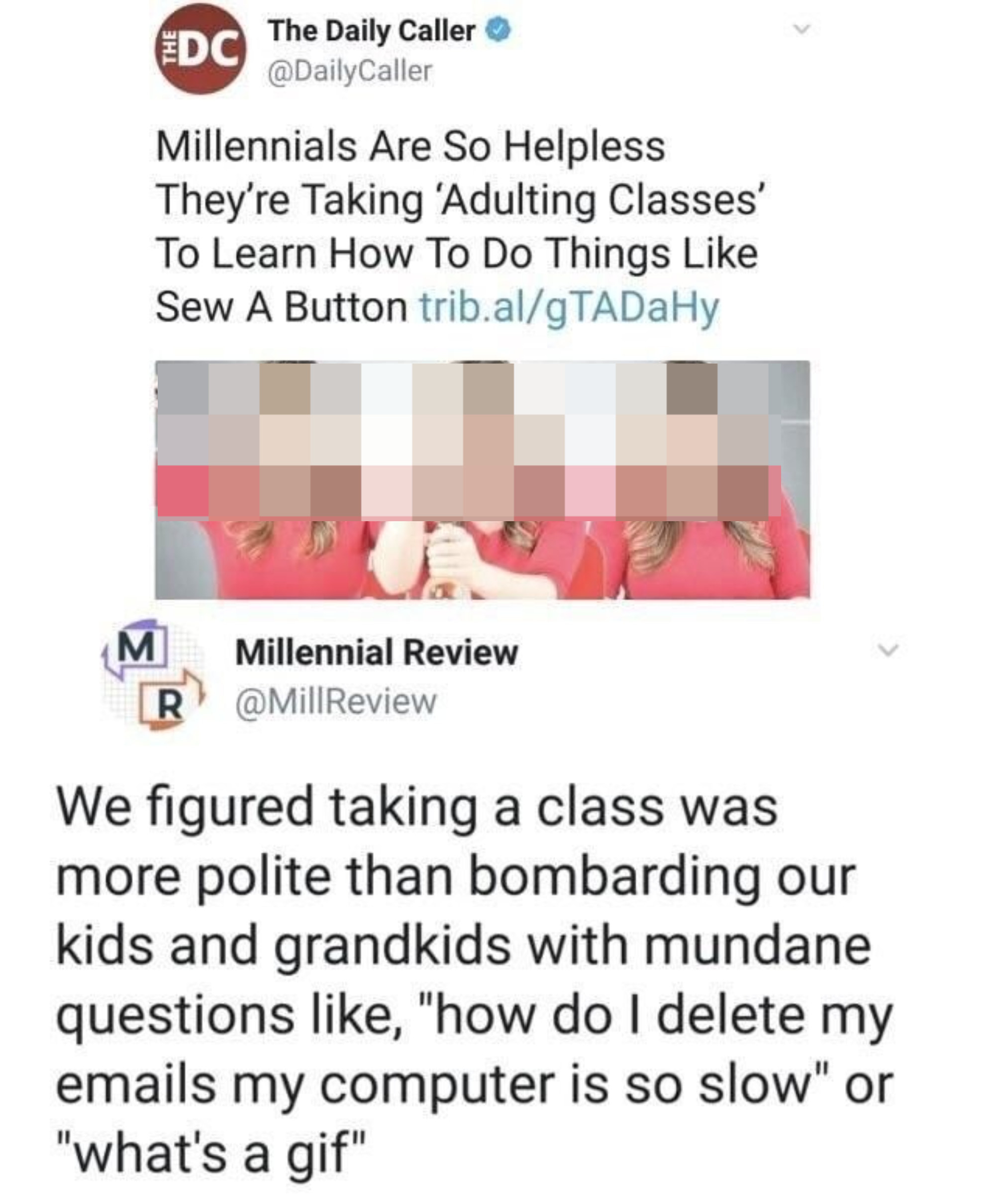 article saying millennials have to take adulting classes and someone responds its better than bombarding people with computer questions like you