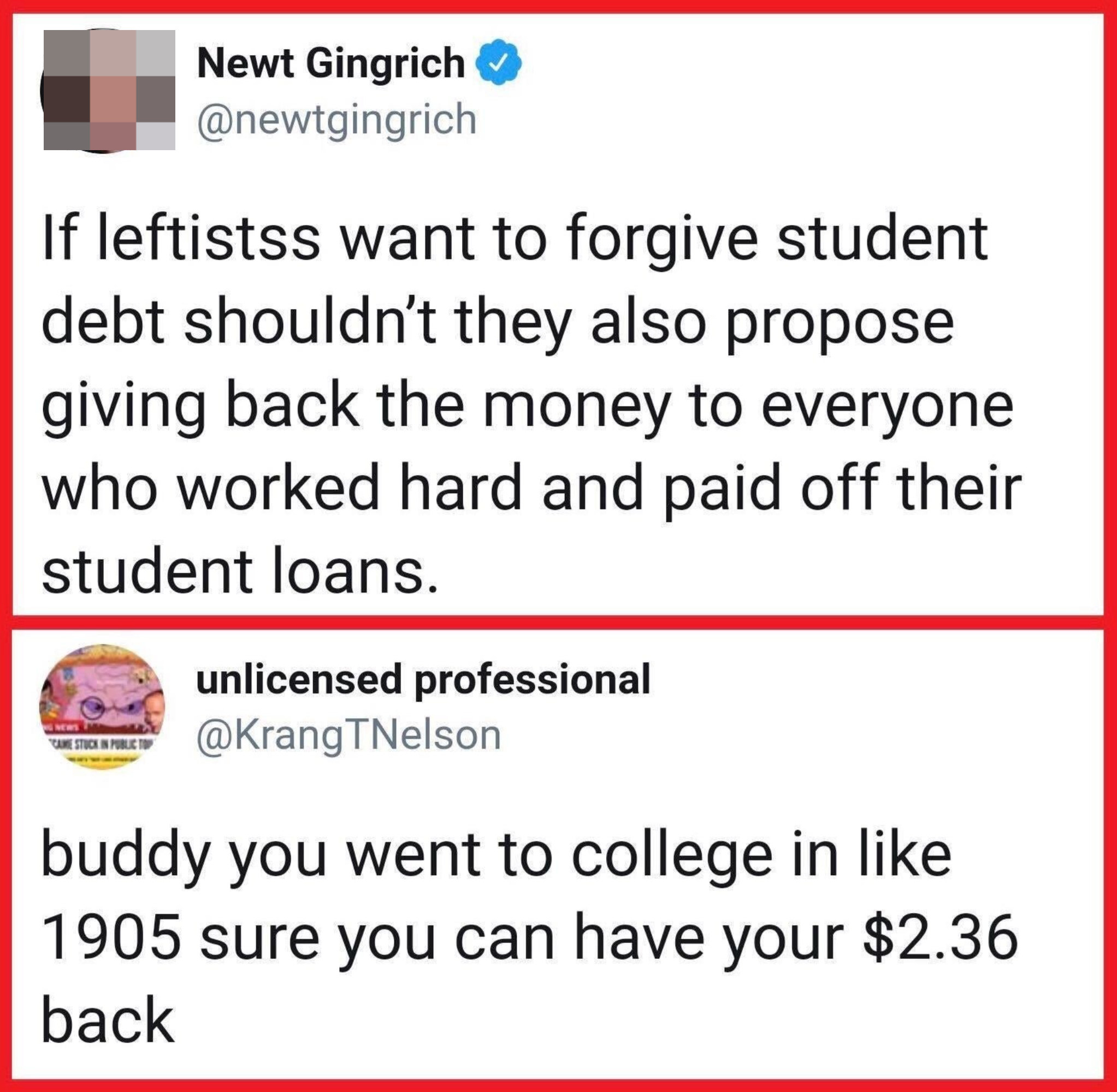 newt gingrich being roasted for his take on student loans