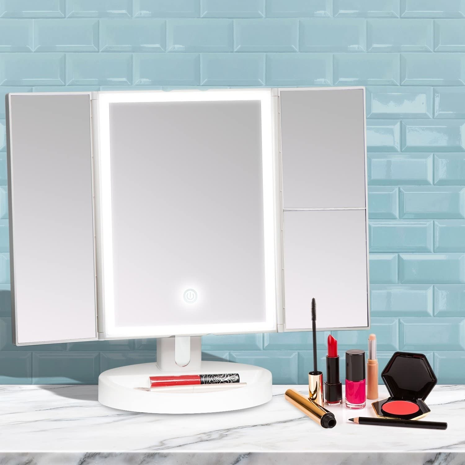 The mirror on a table surrounded by products