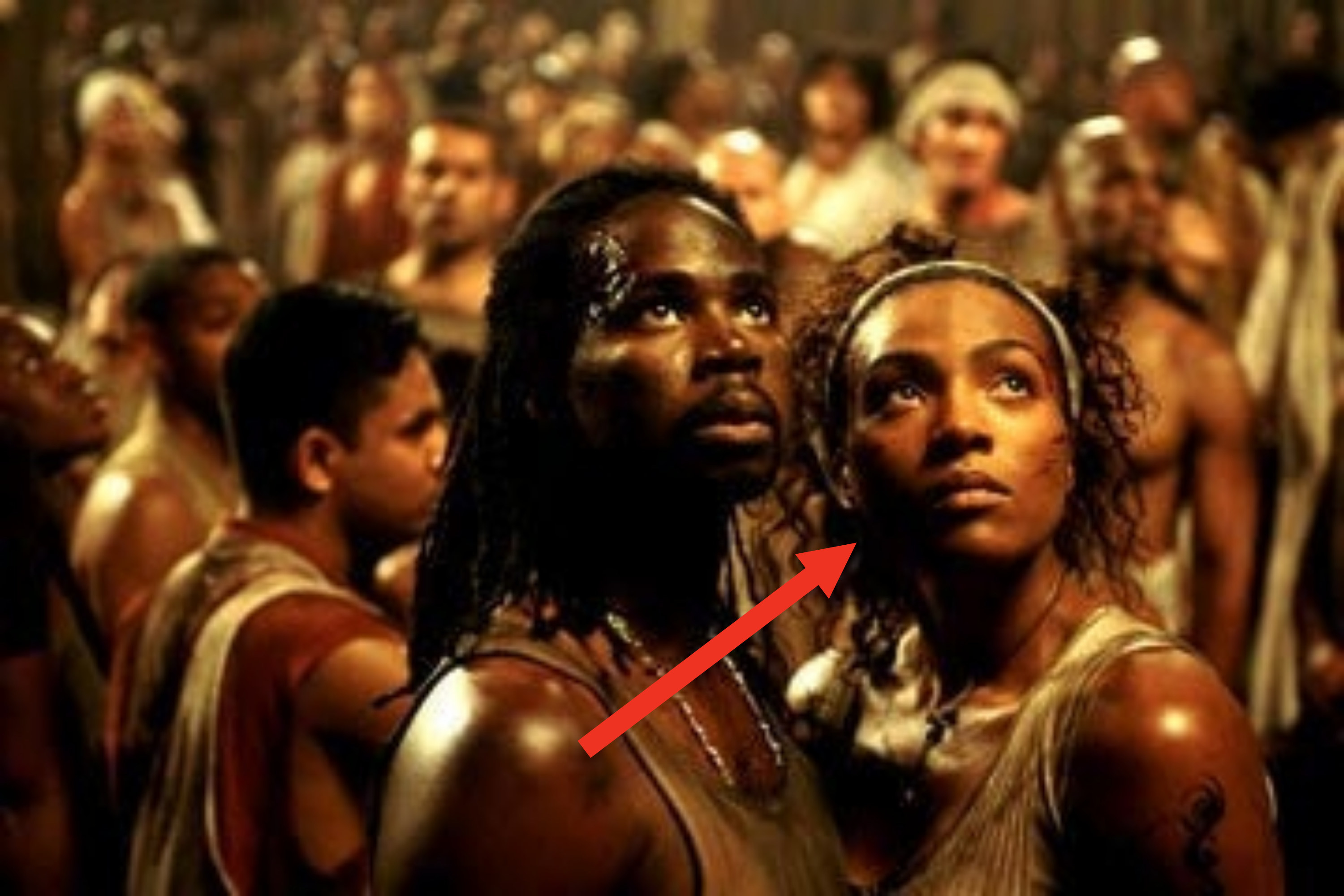 an arrow points to Nona in a scene of the film