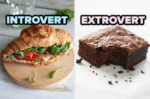 On the left, a turkey sandwich on a croissant labeled introvert, and on the right, a brownie with a bite taken out of it labeled extrovert