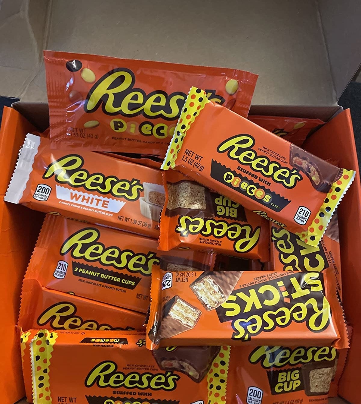 a reviewer photo of the open variety pack filled with different types of Reese&#x27;s candies