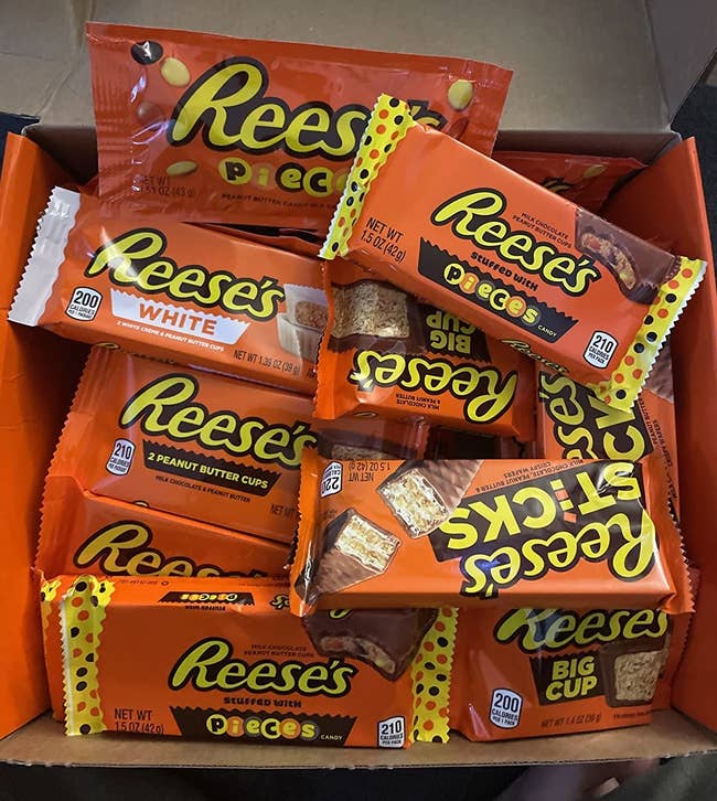 a reviewer photo of the open variety pack filled with different types of Reese's candies