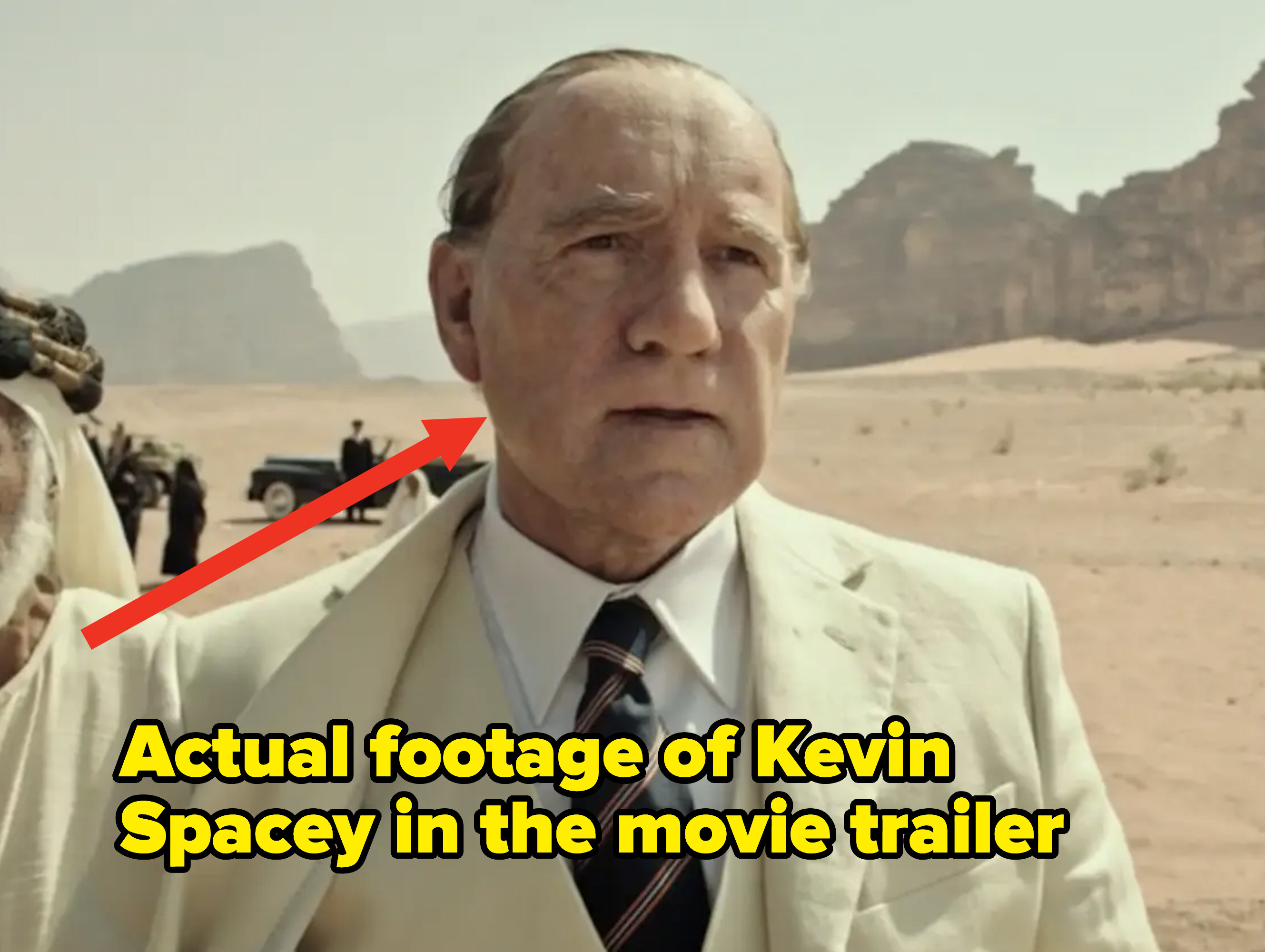 an arrow pointing to Kevin Spacey&#x27;s face still in the movie trailer