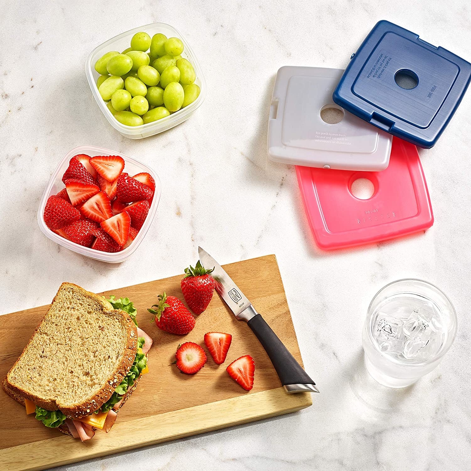 The ice packs surrounding fruit and a sandwich
