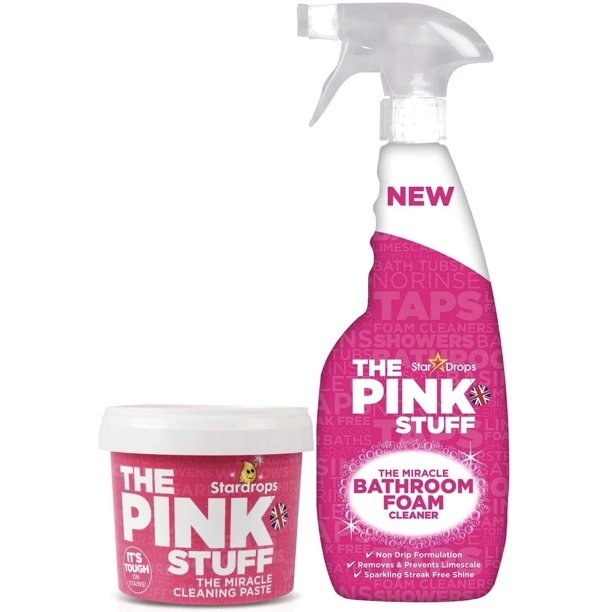 the bright pink tub and spray bottle of cleaning product