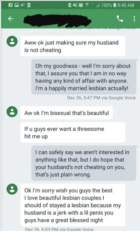 Someone texting, &quot;Ok I&#x27;m sorry wish you guys the best I love beautiful lesbian couples I should of stayed a lesbian because my husband is a jerk with a lil penis you guys have a great blessed night.&quot;
