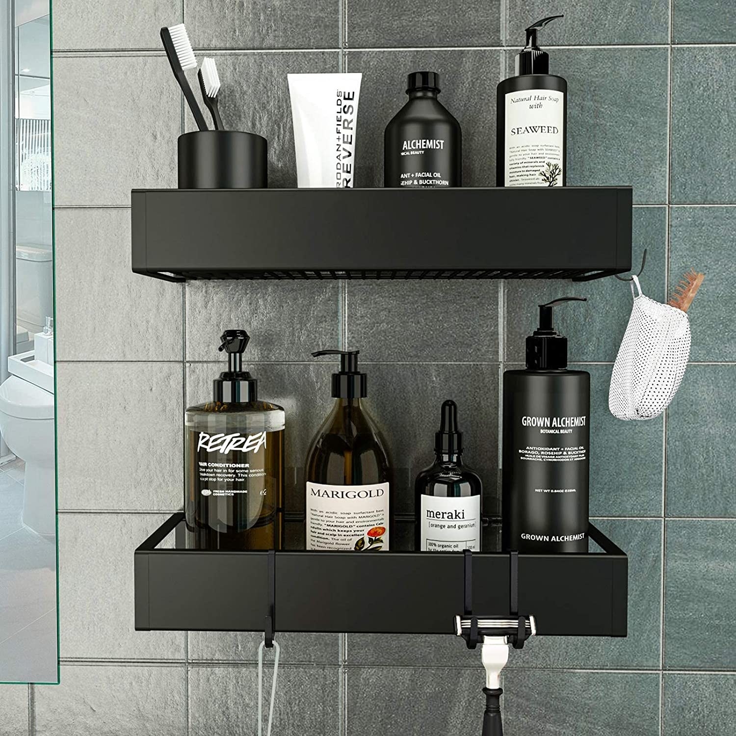 Several shower products on the adhesive shelves