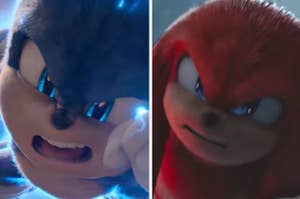 Sonic flying with his fist in front of him in "Sonic the Hedgehog 2"/Knuckles charging a punch in "Sonic the Hedgehog 2"