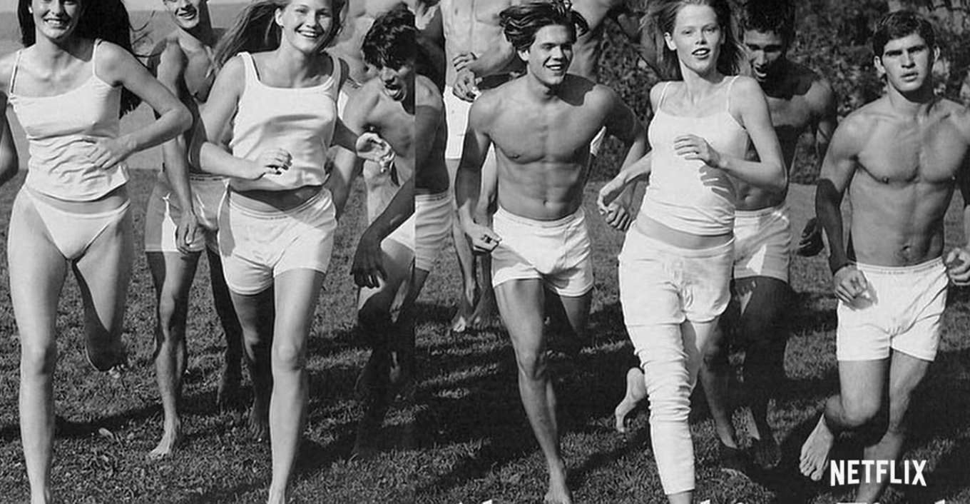 a campaign poster of models running mostly in underwear