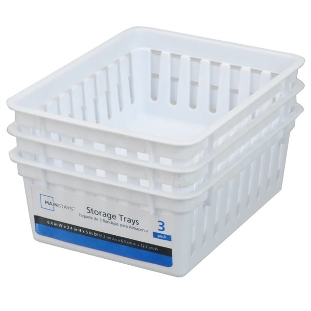 An image of three plastic storage trays that are 6.4-inches wide and 2.4-inches high