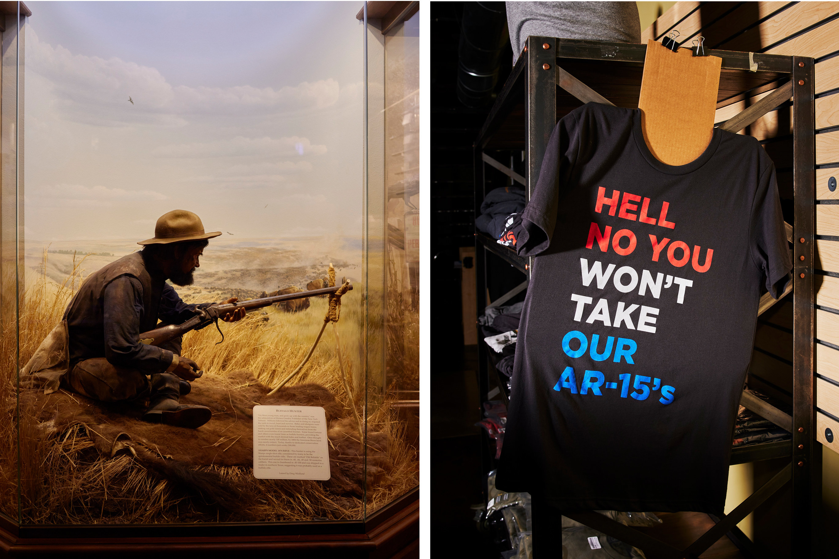 A diorama of a hunter and a t-shirt with the slogan Hell No You Won&#x27;t Take Our AR-15s