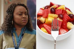 quinta brunson in abbott elementary on the left and a fruit salad on the right